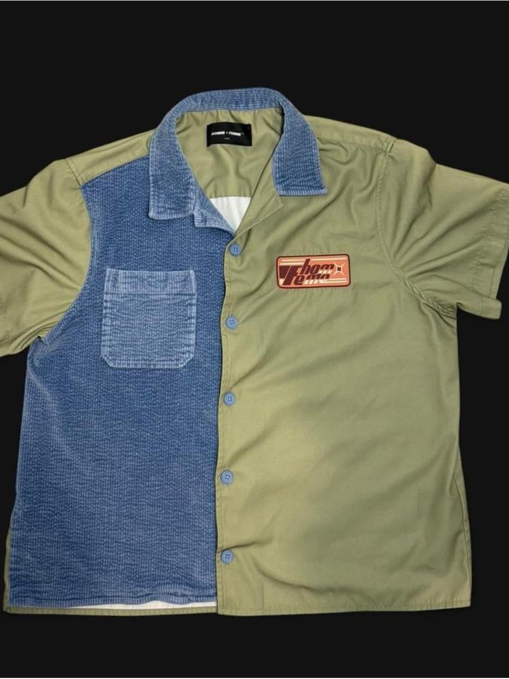 Two-Tone Blue & Olive Short-Sleeve Button-Down Shirt by (Unbranded)